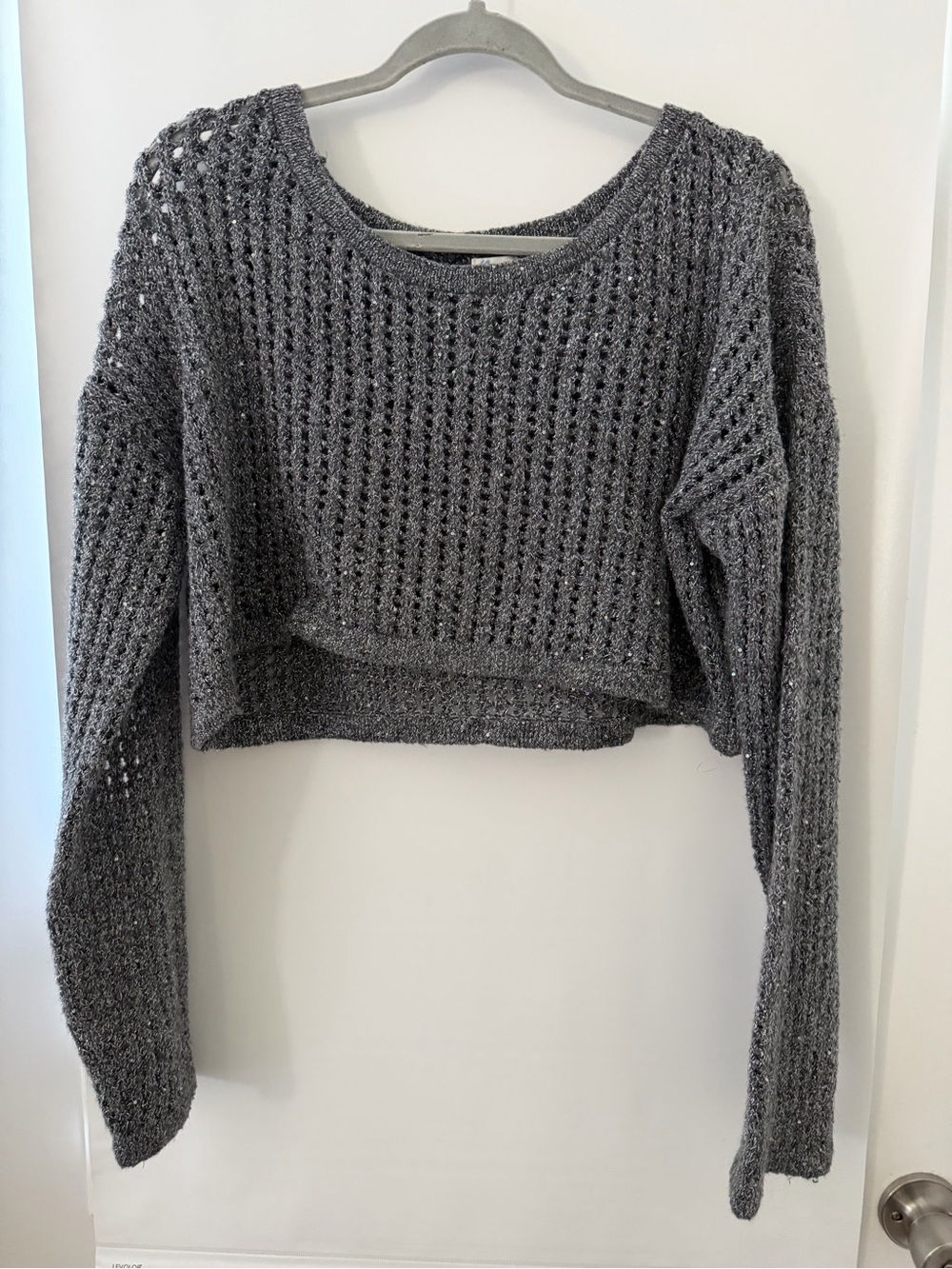 Francesca's Collections Open-Knit Cropped Crewneck Sweater - Gray